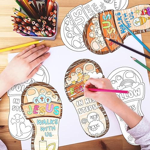 Dvbonike 24Pcs Jesus Walks with Us Sunday School Religious Coloring Crafts - color: Footprint