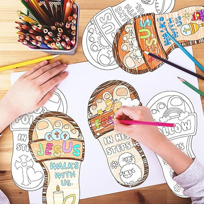 Dvbonike 24Pcs Jesus Walks with Us Sunday School Religious Coloring Crafts - color: Footprint