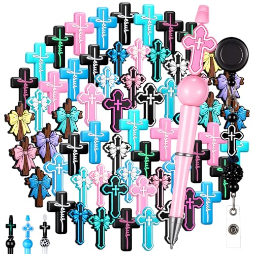 Tondiamo 60 Pcs Cross Silicone Focal Beads for Pens Bulk Jesus Faith Easter Cross Beads for Beadable Pen Keychain Jewelry Bracelet Making DIY Crafts - style: Cross