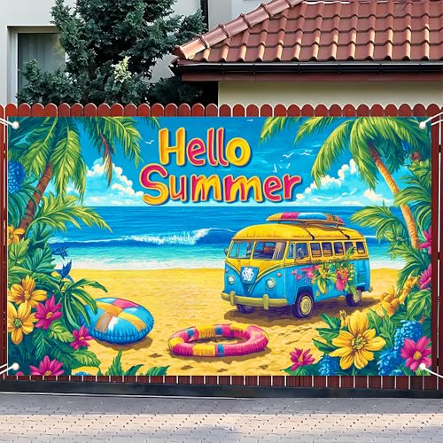 71x43 Inch Hello Summer Banner Beach Retro Camper Van Backdrop Tropical Ocean Yard Decorations Seasonal Outdoor Decor Fence Sign - color: ColorfulB589, size: 70.8 x 43.3 Inch