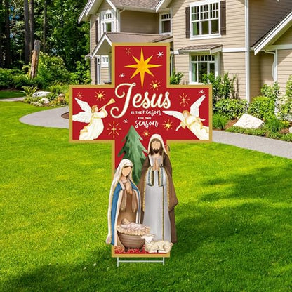 Aneco 47.2 Inch Large Christmas Holy Nativity Yard Sign Jesus is The Reason for The Season Lawn Signs with Metal Stakes Religious Christian Inspirational Decor for Xmas Outdoor Holy Family Garden