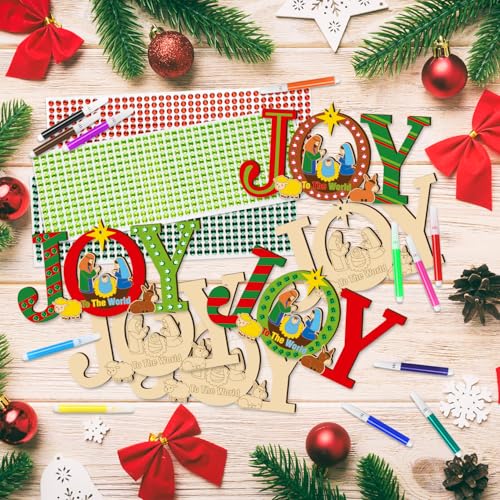 BeYumi Christmas Joy Wooden Crafts - 20Pcs DIY Wooden Joy to THE World Ornaments Craft Kit for Kids Make Your Own Nativity Decor Christian Religious Xmas Craft with Gem Sticker Church Party Supplies - style: JOY