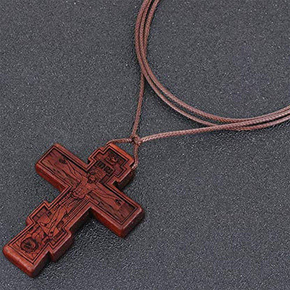 COTTVOTT Wood Orthodox Cross Pendant Necklace Christian Crucifix Necklace Prayer Jesus for Women Men - style: B-Red Color