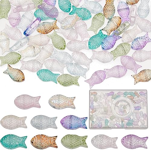 SUNNYCLUE 1 Box 100Pcs Fish Beads Bulk Transparent Glass Fish Bead Colorful Pink Green Blue Marine Life Summer Sea Ocean Animal Mermaid Charms for Jewelry Making Kit Adult Women - color: 1 Box 100pcs Side Drilled Fish Bead Mixed Color