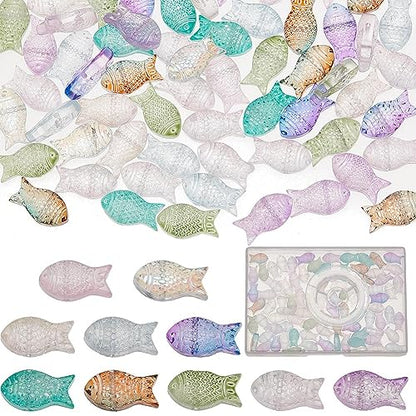 SUNNYCLUE 1 Box 100Pcs Fish Beads Bulk Transparent Glass Fish Bead Colorful Pink Green Blue Marine Life Summer Sea Ocean Animal Mermaid Charms for Jewelry Making Kit Adult Women - color: 1 Box 100pcs Side Drilled Fish Bead Mixed Color