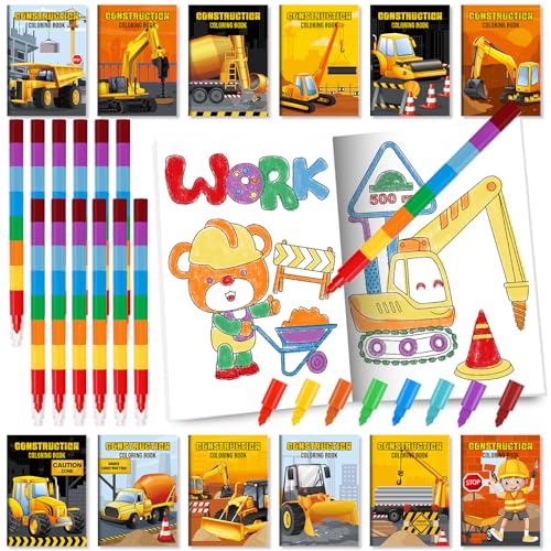 BenLouis 24 Construction Mini Coloring Books with 24 Crayons for Kids Bulk - style: Construction