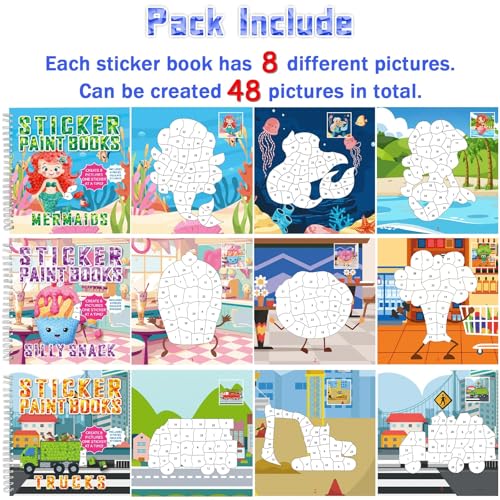 gisgfim 6 Pcs Paint by Sticker Books Sticker by Number Books Activity Book Sticker Puzzle Book Craft Art Gift with Mermaid Truck Outer Space Cat 48 Pictures Sticker by Number Book Set Party Favors - style: Cute Cartoon