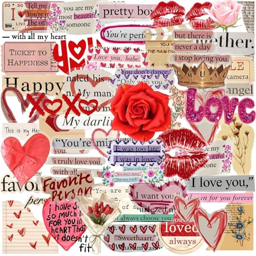 50PCS Romantic Love Quote Stickers Waterproof PET Red Rose Heart Lip Decals Vintage Valentines Ticket Floral Stickers for Water Bottle Laptop Scrapbook Gift Envelope DIY Crafts Teens Adults - color: Romantic Love Quote -6