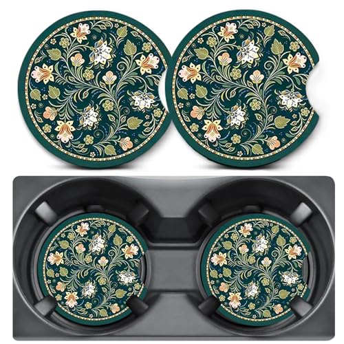 2 Pack Floral Car Coasters for Cup Holders,Neoprene Anti Slip Mat - color: Little Flower - Green