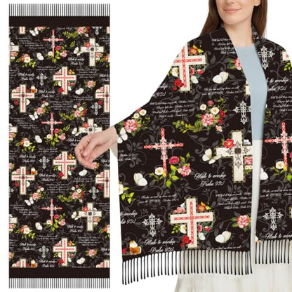 The Virgin Mary Bible Verse Shawls for Women, Catholic Christian Blanket Scarf Gifts or Mom Teacher Christmas - color: Black Floral