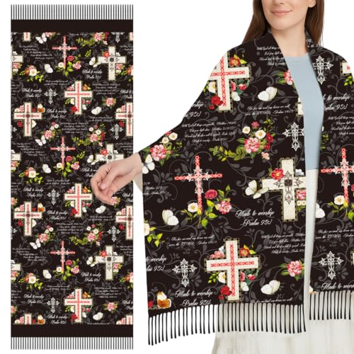 The Virgin Mary Bible Verse Shawls for Women, Catholic Christian Blanket Scarf Gifts or Mom Teacher Christmas - color: Black Floral