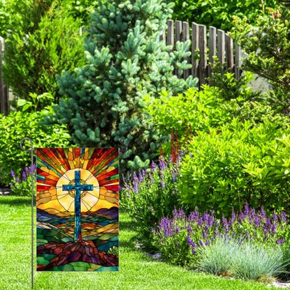 Christian Cross Garden Flag 12x18 Inch Double Sided Easter Religious Garden Flag Small Burlap Banner Yard Lawn Porch Outdoor Decor