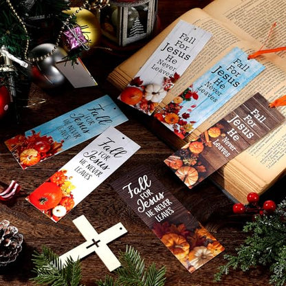 Dispowreath 60 Pcs Fall for Jesus He Never Leaves Religious Christian Bookmarks Church Bookmarks Gift for Teens Men Women Church Home Party Favors - style: Fall for Jesus