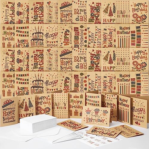 Harloon 200 Pack Happy Birthday Card Assorted Bulk with Blank Envelopes and Stickers 4 x 6 Inches Greeting Blank Happy Birthday Cards for Men Women Adults Kids, 20 Styles(Kraft Style) - style: Kraft Style