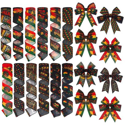 12 Rolls Black History Month Ribbons 2 Inch x 60 Yards Wired Edge Fabric Ribbons Craft Assortment Black History Month Themed Pattern Wrapping Crafts for DIY Gift Hair Sewing Wreath 12 Styles - style: Black Month