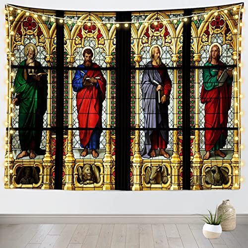 Loccor Cathedral Stained Glass Window Tapestry Vintage Church Interior Four Evangelists Painting Jesus Christ Religious Tapestry Wall Hanging Bedroom Living Room Dorm Home Decor 90x70 Inches - size: 92.5"L x 70.9"W