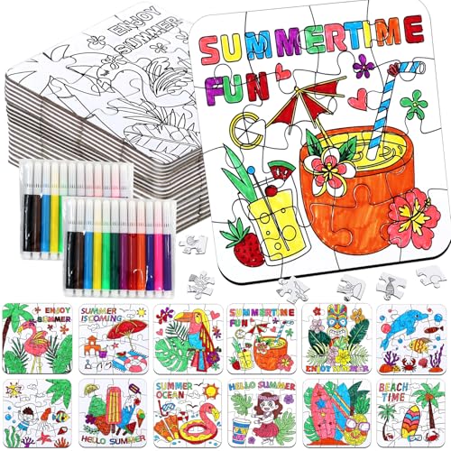 24 Set Summer Crafts for Kids Adults Bulk, Hawaiian Summer Activities DIY Puzzle Kit with Beach Tropical Palm Tree, Luau Ocean Theme Art Painting for Classroom Party Favors Gift Coloring Game Supplies - color: Summer Hawaiian Colorful