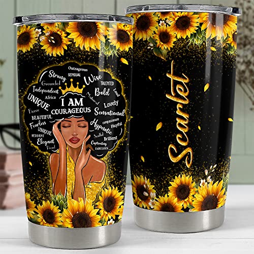 Personalized Black Queen Tumbler Sunflower Custom Name 20oz 30oz Tumblers with Lid Gift for African American Afro Black Girl Encouragement Birthday Women Day - color: Black Woman 2
