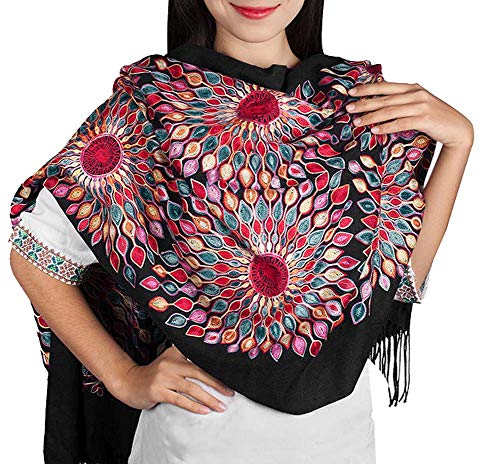 Urban CoCo Embroidered Scarf for Women, Tassel Shawl, Soft Lightweight Wrap - color: Black