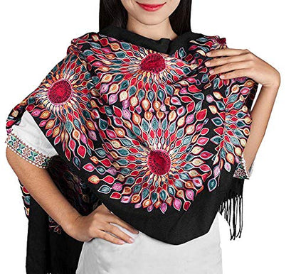Urban CoCo Embroidered Scarf for Women, Tassel Shawl, Soft Lightweight Wrap - color: Black