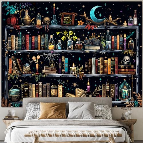 Accnicc Magic Bookshelf Tapestry Magical Witchy Potion Dark Hippie Haloween Tapestries Wall Hanging Gothic Skull Black Cat Library Book Tapestry for Bedroom Living Room Dorm 80 x 60 inch - color: Blue, size: 80"L x 60"W