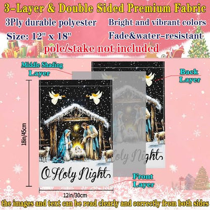 Christmas Oh Holy Night Jesus Nativity Scene Garden Flag Christian Jesus Yard Signs Garden Flags for Outside 12x18 Double Sided Christmas Vacation Outdoor Decorations