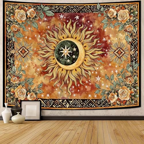 Faxdong Sun and Moon Tapestry, Boho Crescent Aesthetic Tapestries with Rose and Vine, Bedroom Room Living Room and Dorm Decor - color: Yellow, size: 48"L x 36"W