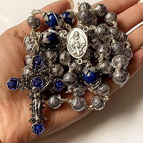 elegantmedical HANDMADE ANTIQUED 10MM BALI STERLING 925 SILVE Wire Wraped BEADS LAPIS LAZULI NECKLACE ROSARY CROSS NECKLACE MENS GIFTS