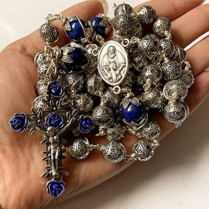 elegantmedical HANDMADE ANTIQUED 10MM BALI STERLING 925 SILVE Wire Wraped BEADS LAPIS LAZULI NECKLACE ROSARY CROSS NECKLACE MENS GIFTS