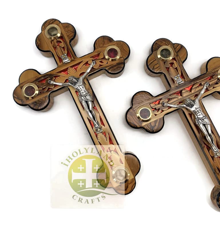 Catholic Crucifix for Wall With Mother of Pearl, Olive Wood Cross Wall Decor, 9 Inch Wooden Crucifix with Relics from the Holy Land, Wedding Crucifix, Decorative Wooden Crosses, christian cross gift