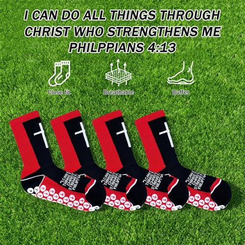 3 Pairs Cross Socks with Bible,Philippians 4: 13 Christian Socks US 6-13, Grip Sport Sock for Football, Soccer, Gym - color: Black Red