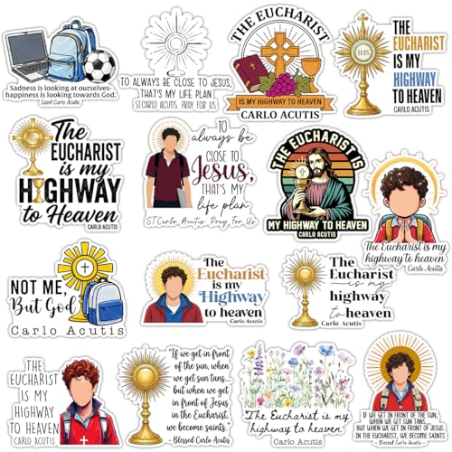 (15pcs-3in) Blessed Carlo Acutis The Eucharist My Highway to Heaven Sticker Saint Carlo Acutis Bible Christian Catholic Waterproof Vinyl Sticker for Water Bottle Car Laptop