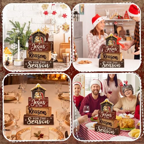 Moucuny 4 Pcs Christmas Table Decor Christian Nativity Scene Wooden Blocks - style: Jesus is the Reason of This Season