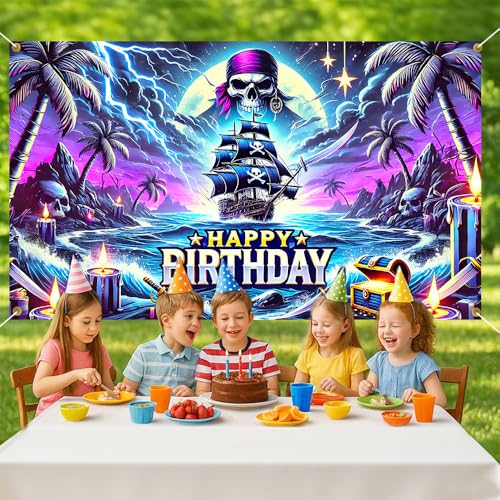 Happy Birthday Backdrop Pirate Ship Skull Treasure Neon Photography Background 70.8x43.3in Boys Kids Party Decorations - color: 05, size: 70.8 x 43.3 Inch