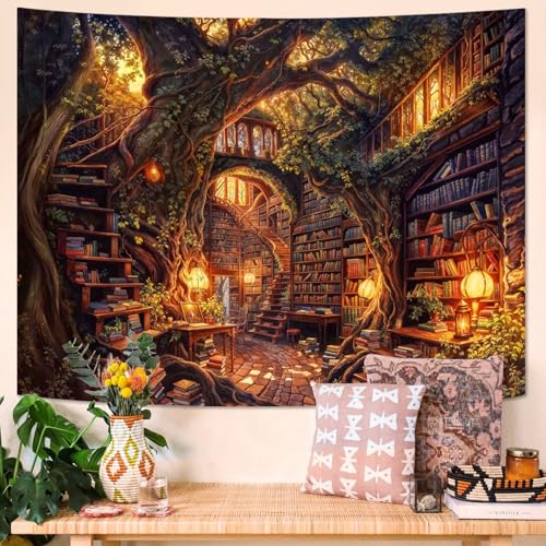 Accnicc Forest Library Tapestry Tree Bookshelf Tapestries Wall Hanging Vintage Fantasy Fairy Treehouse Book Large Tapestry for Bedroom Living Room Dorm Classroom 60 x 44 inch - color: Brown Gold, size: 60"L x 44"W