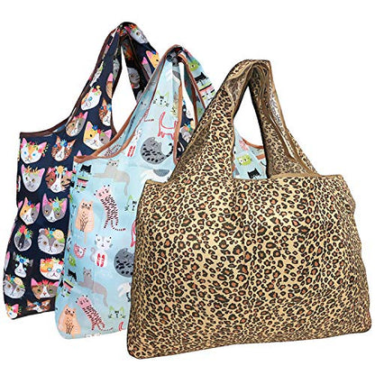alldyrew Large Foldable Tote Nylon Reusable Grocery Bag, 3 Pack - color: Felines, size: Large