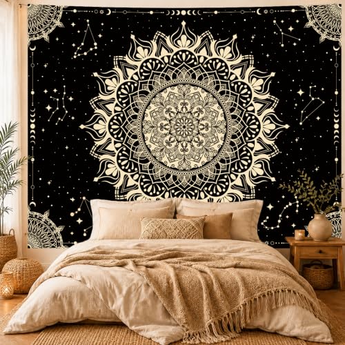 Apdidl Boho Mandala Tapestry for Bedroom, Black Hippie Ceiling Tapestries - color: Black Gold Mandala Tapestry, size: 79"L x 60"W