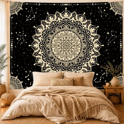 Apdidl Boho Mandala Tapestry for Bedroom, Black Hippie Ceiling Tapestries - color: Black Gold Mandala Tapestry, size: 90"L x 71"W