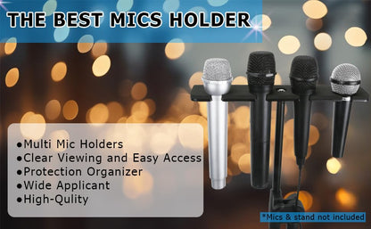 Multi Mic Holder for Mic Stand, Multiple Microphone Organizer and Display for Wired and Wireless Mics, Hold Up to 4 Microphones, Aluminum, Black