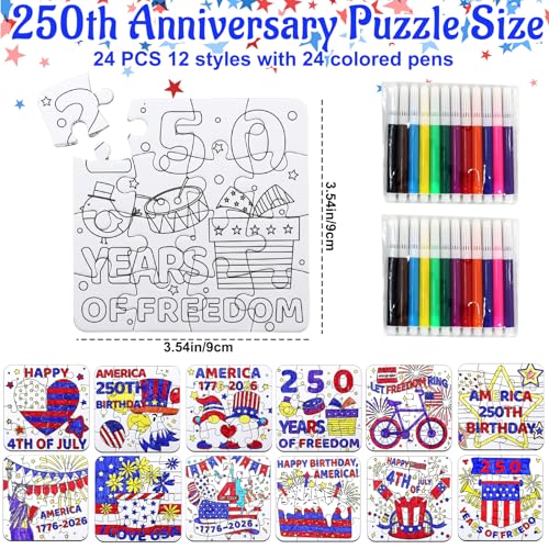 24 Sets 250th Anniversary 4th of July Crafts for Kids, Patriotic Crafts Activities DIY Puzzle Kits Red White Blue Star Flag Independence Day Memorial Day Jigsaw Painting Art gift Party Favors Supplies - color: 250th Anniversary Colorful