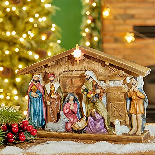 Glitzhome Lighted Resin Nativity Figurines House Countertop Christmas Ornaments Nativity Scene Figure Tabletop Crafts Statue Miniatures Xmas Collectibles Baby Jesus Gifts for Home Shelf Decor 12.5" - size: 12.5 x 8.5 Inches