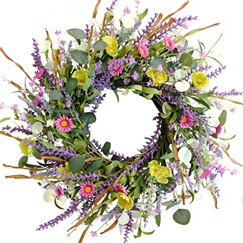Idyllic 20 Inch Spring Summer Wild Flower Artificial Daisy Front Door Wreath, Everyday Greenery Eucalyptus Leaves for Indoor and Outdoor Use, Rustic Farmhouse Style Home Wreath Decor - size: 20 Inch