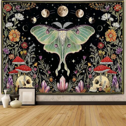 Fungarth Boho Hippie Moth Skull Vintage Floral Mushroom Tapestry 60x44 Inch - color: Green Black, size: 60"L x 44"W