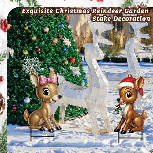 Moxweyeni 2 Pcs Outdoor Reindeer Christmas Decoration Cute Deer Sign Large Metal Reindeer Yard Sign with Stakes Christmas Farmhouse Deer Figurines for Lawn Garden Holiday Display - style: Cute Reindeer