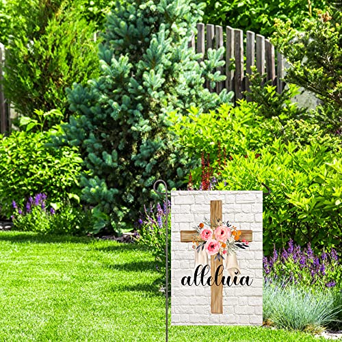 Easter Cross Garden Flag Alleluia He is Risen Religious Flags 12x18 Vertical Double Sided Spring Floral Cross Yard Flag Christian Holiday Yard Outdoor Decoration