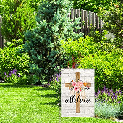 Easter Cross Garden Flag Alleluia He is Risen Religious Flags 12x18 Vertical Double Sided Spring Floral Cross Yard Flag Christian Holiday Yard Outdoor Decoration