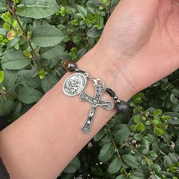 Nazareth Store Tiger Eye Beads One Decade Rosary Handmade Pocket Car Mirror with Saint Joseph Medal and Jesus Cross in Antique Silver Volcanic Stone Travel Friendly Rosary - color: Brown Tiger Eye