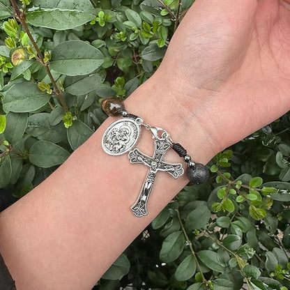 Nazareth Store Tiger Eye Beads One Decade Rosary Handmade Pocket Car Mirror with Saint Joseph Medal and Jesus Cross in Antique Silver Volcanic Stone Travel Friendly Rosary - color: Brown Tiger Eye