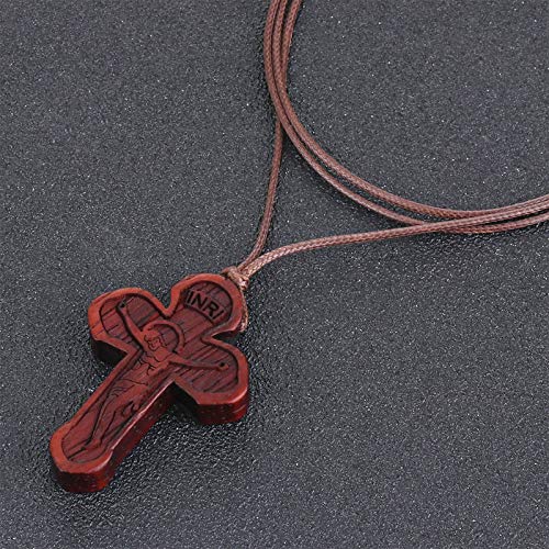 COTTVOTT Wood Orthodox Cross Pendant Necklace Christian Crucifix Necklace Prayer Jesus for Women Men - style: A-Red Color
