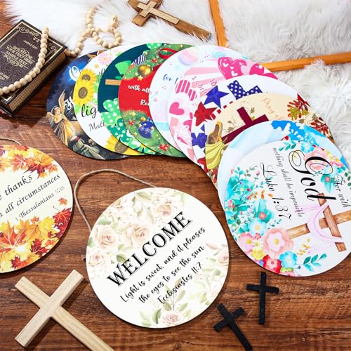 Geelin 12 Pcs Christian Seasonal Sign 12 Inch Easter Jesus He Is Risen Door Decoration Religious Cross Wood Wreath Spring Wall Hanging Art for 4th July Summer Outdoor Decor